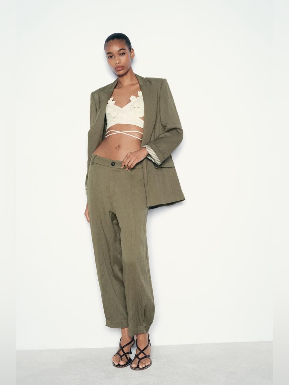 NWT Zara Olive Green Cuffed Sleeves Blazer Single Button Sz S